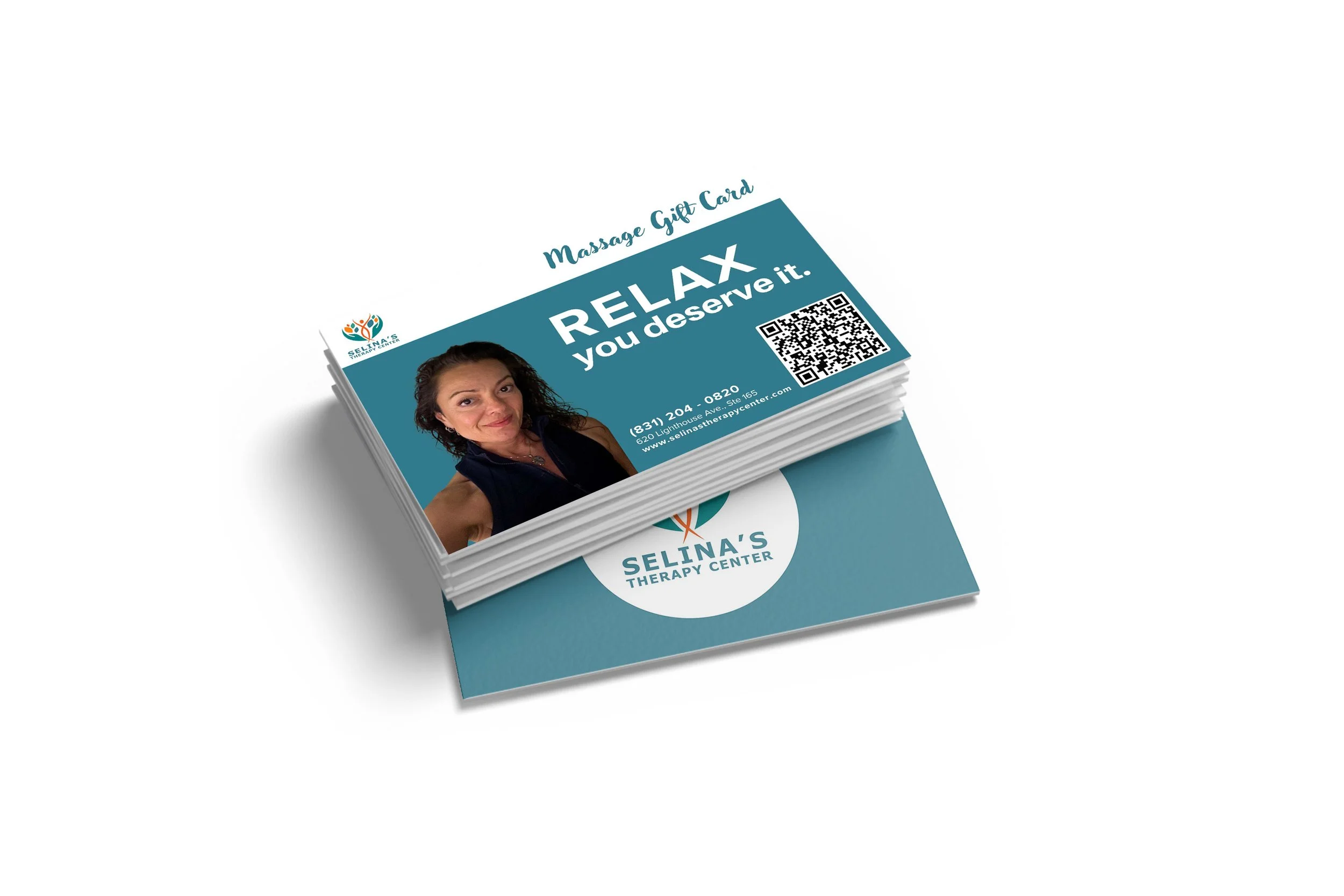 Stack of massage gift cards featuring branding, portrait, and relax message for promotional display