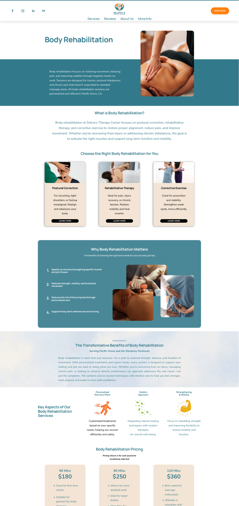 A webpage about body rehabilitation services at Selina's Therapy Center, featuring sections on types of therapy, benefits, key services, and pricing, with images of massage therapy and body exercises.