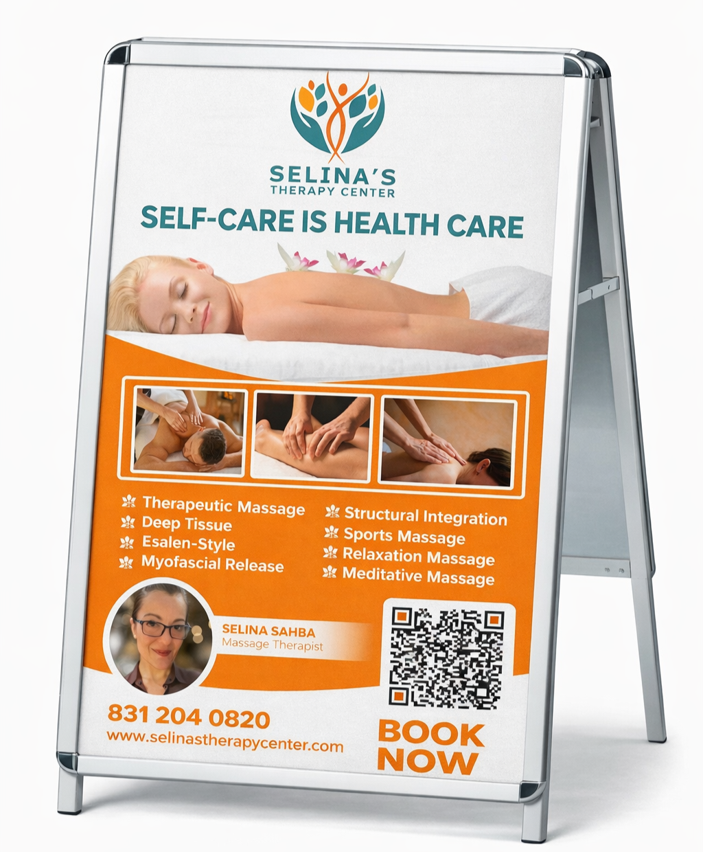 Signboard for Selina's Therapy Center advertising various massage therapy services and featuring a woman relaxing on a massage table.