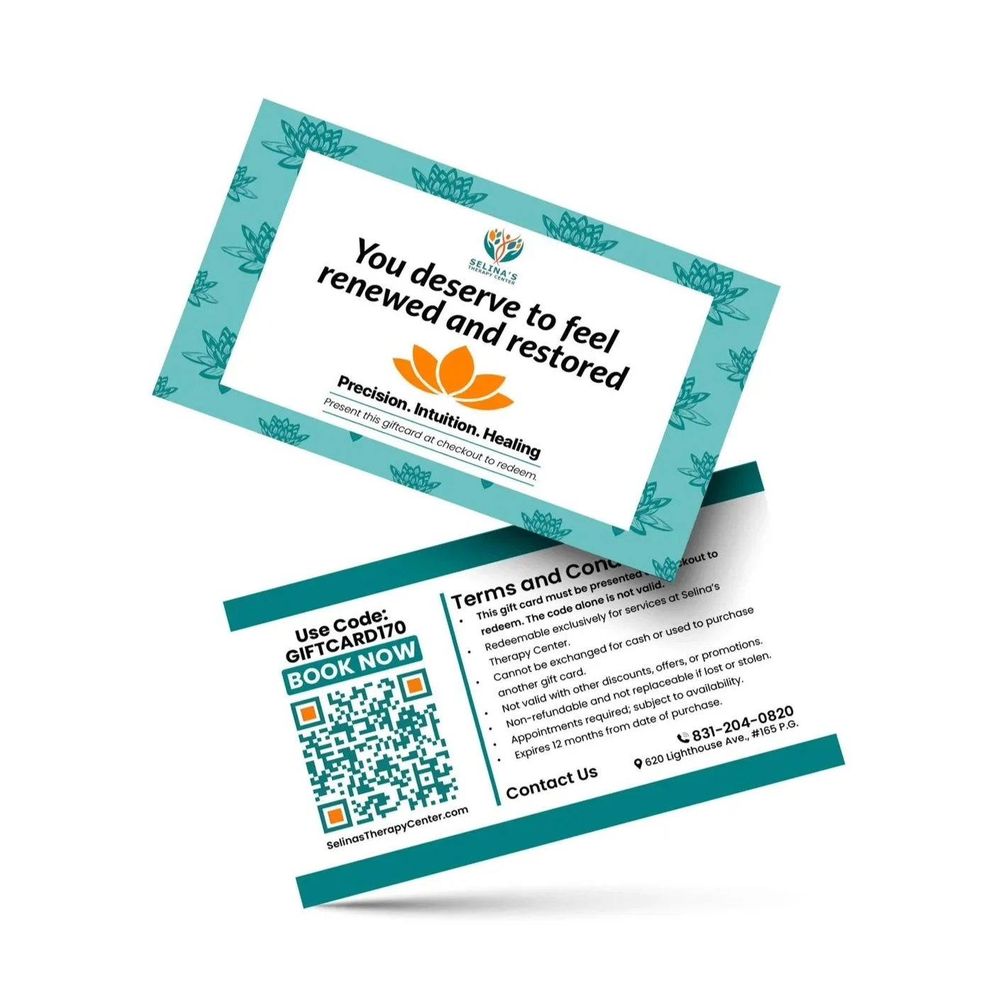 Teal massage gift card design with clean layout, QR code, and contact details for booking
