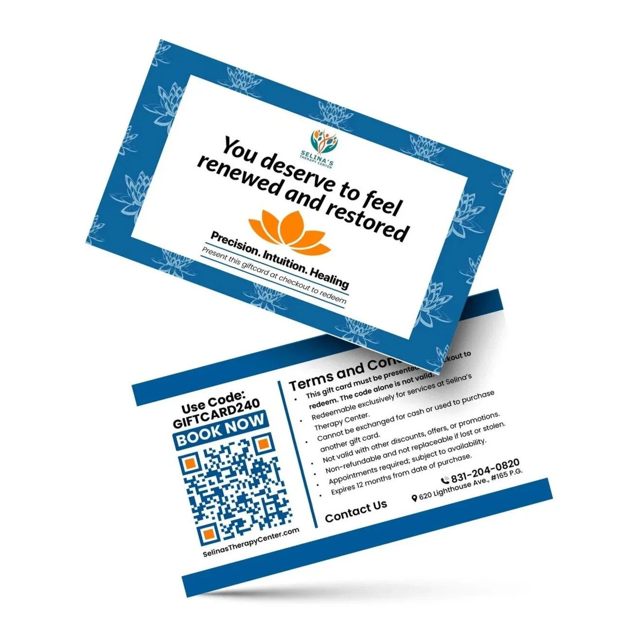 Blue massage gift card design with wellness message and QR code for easy redemption