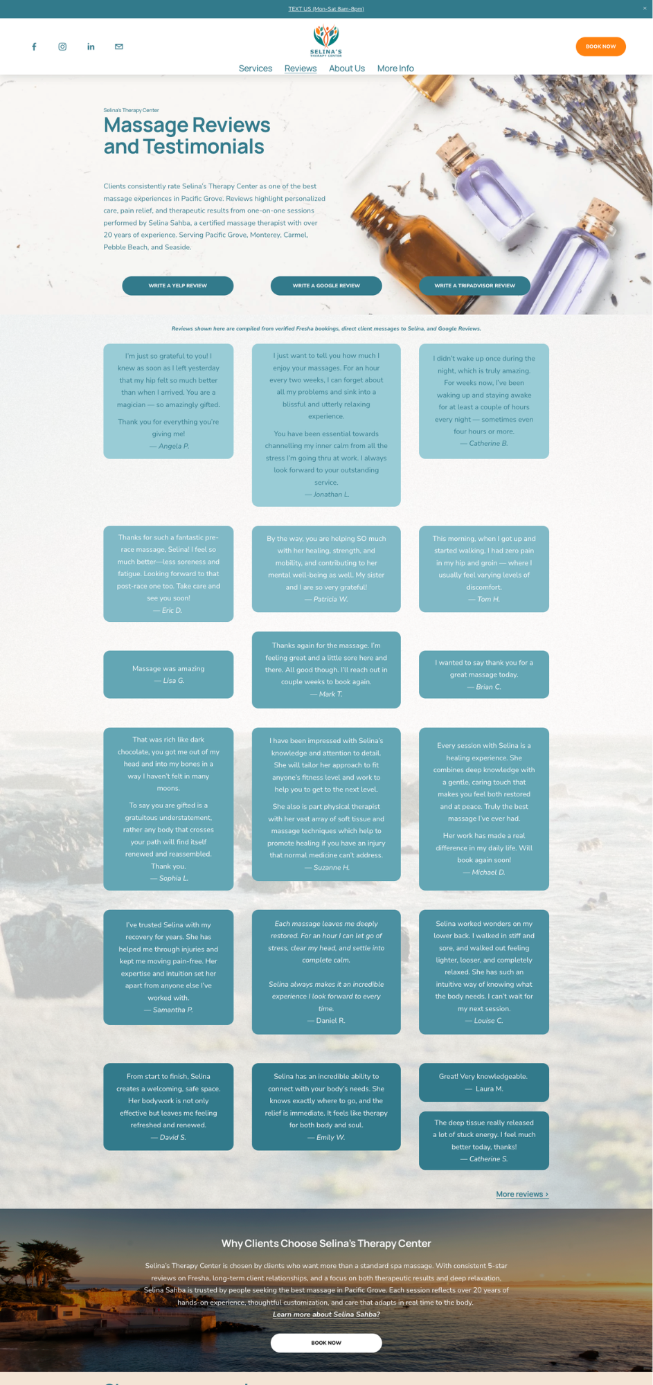 Website page for Selina's Therapy Center featuring massage reviews and testimonials, with bottles of essential oils and dried lavender flowers at the top, and client reviews in blue speech bubbles listing positive experiences.
