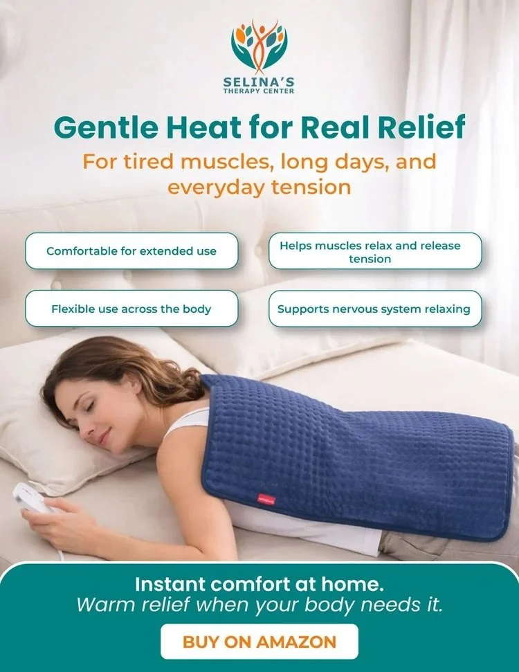 Advertisement for Selina's Therapy Center featuring a woman lying on her side with a blue heating pad on her back, holding a remote control, with text highlighting benefits of the heating pad for muscle relief, relaxation, and comfort.
