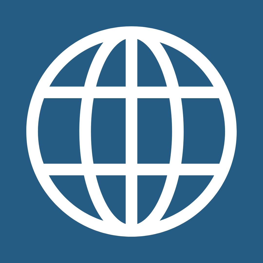 A globe icon with latitude and longitude lines on a dark blue background.