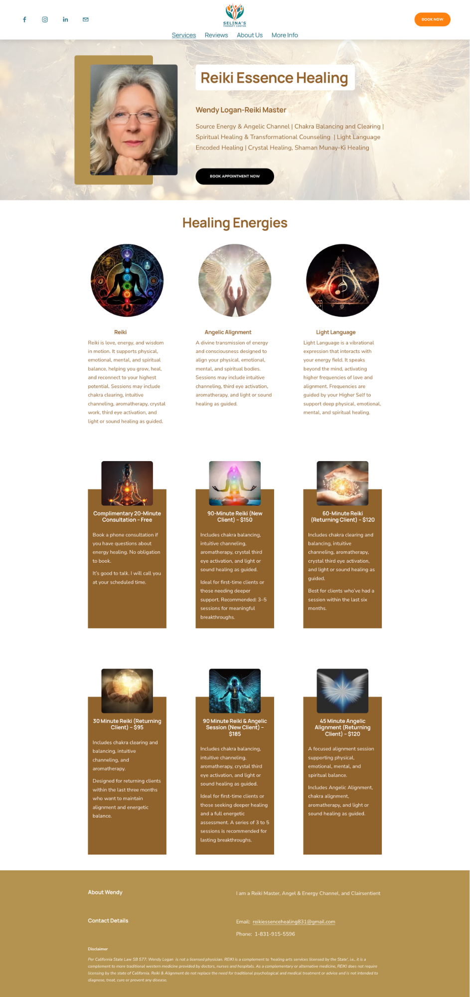 Screenshot of a website for Wendy Logan's Reiki healing services, featuring a photo of Wendy Logan, her certification as a Reiki Master, and a list of healing energy offerings including Reiki, Angelic Alignment, and Light Language, with details about different Reiki session options.