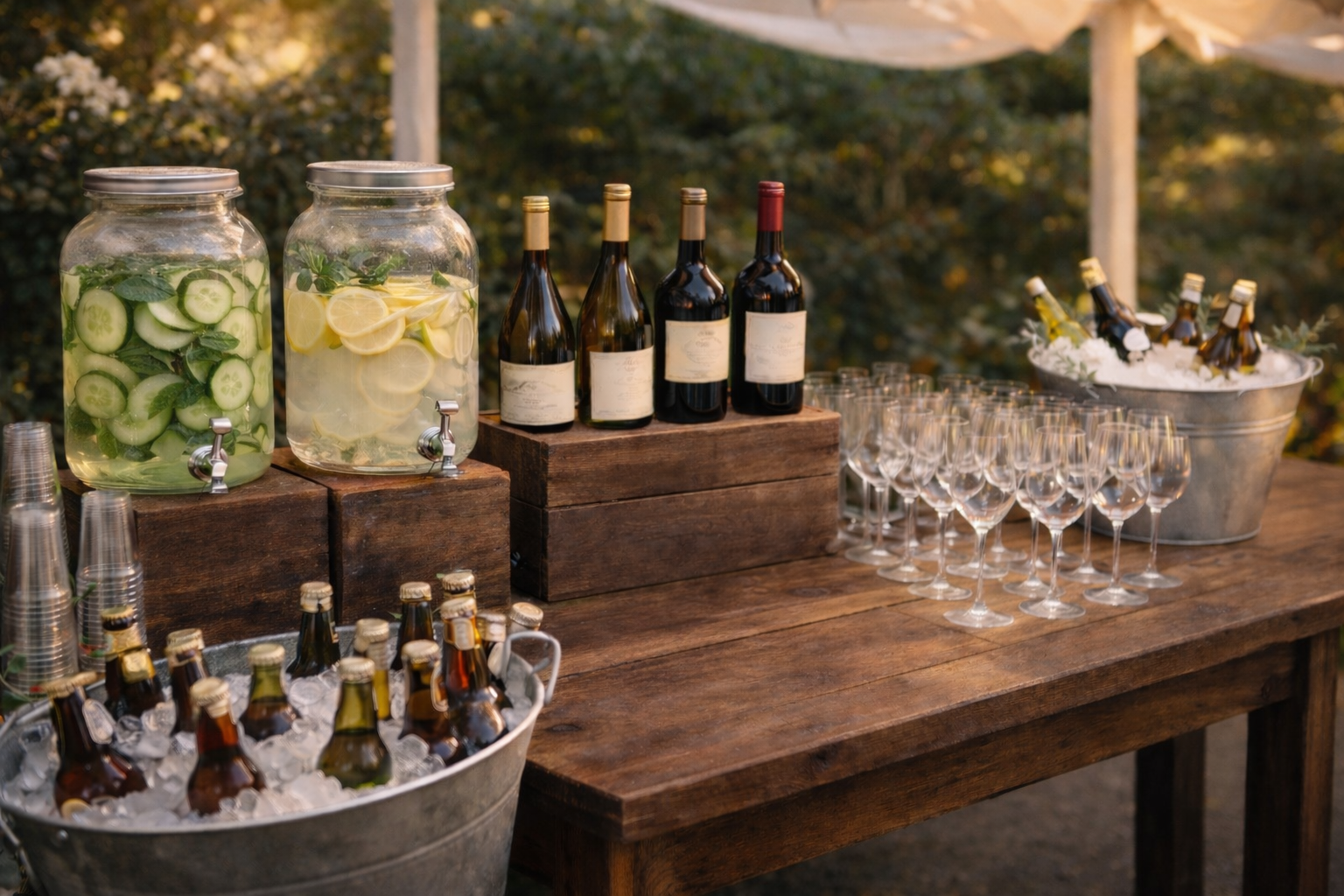 Outdoor bar setup with jars of cucumber and lemon water, bottles of wine, bottled beers in a bucket of ice, glasses, and a bucket of beer bottles on a wooden table.