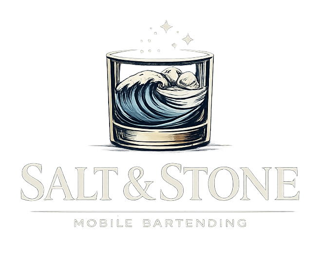 Logo for Salt & Stone Mobile Bartending featuring a glass with a wave and ice cubes, with the company name below.