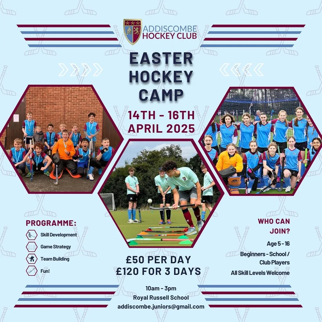 Addiscombe Hockey Club Easter Camp

Hop into action this Easter and join us for a fun-filled hockey camp that&rsquo;ll have you improving your hockey, learning new skills, scoring goals and making memories! 

📆 Dates: 14th - 16th April 2025
⏰ Time: 