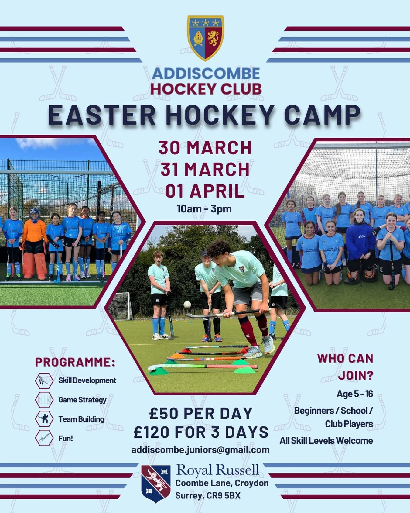 Join us for a fun-filled Easter holiday hockey camp that&rsquo;ll have you improving your hockey, learning new skills, scoring goals and making memories! 

📆 Dates: 30th March - 1st April 
⏰ Time: 10am - 3pm 
💷 Price: &pound;50 per day, &pound;120 