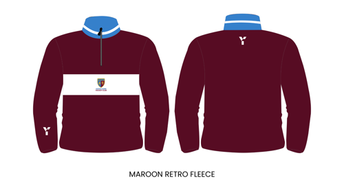 Front and back views of a maroon retro fleece jacket with white and blue accents, a high collar, and a Virginia Tech logo on the chest and sleeve.