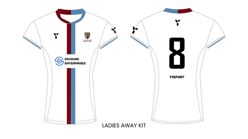 Design of a ladies away soccer kit featuring a white jersey with a vertical red and blue stripe, team logo, and sponsor logo on the front, and the back displays the number 8 with the team name YISPORT.
