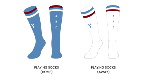 Two pairs of athletic socks, one blue with red and white stripes labeled 'home', and one white with red and blue stripes labeled 'away'