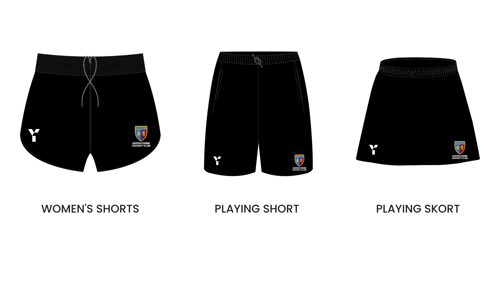 Three black athletic shorts with white and multicolored logos, labeled as women's shorts, playing shorts, and playing skort from left to right.
