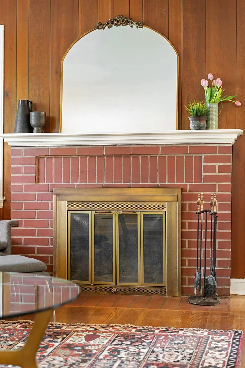 Editorial interior detail photography of brick fireplace in Minnesota home