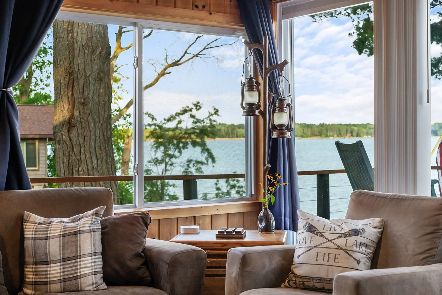 Vacation rental interior photography showing lakefront cabin living room in Wisconsin