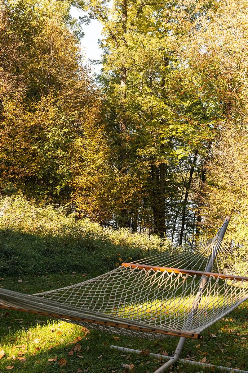 Autumn cabin exterior photography with hammock in Luck, Wisconsin