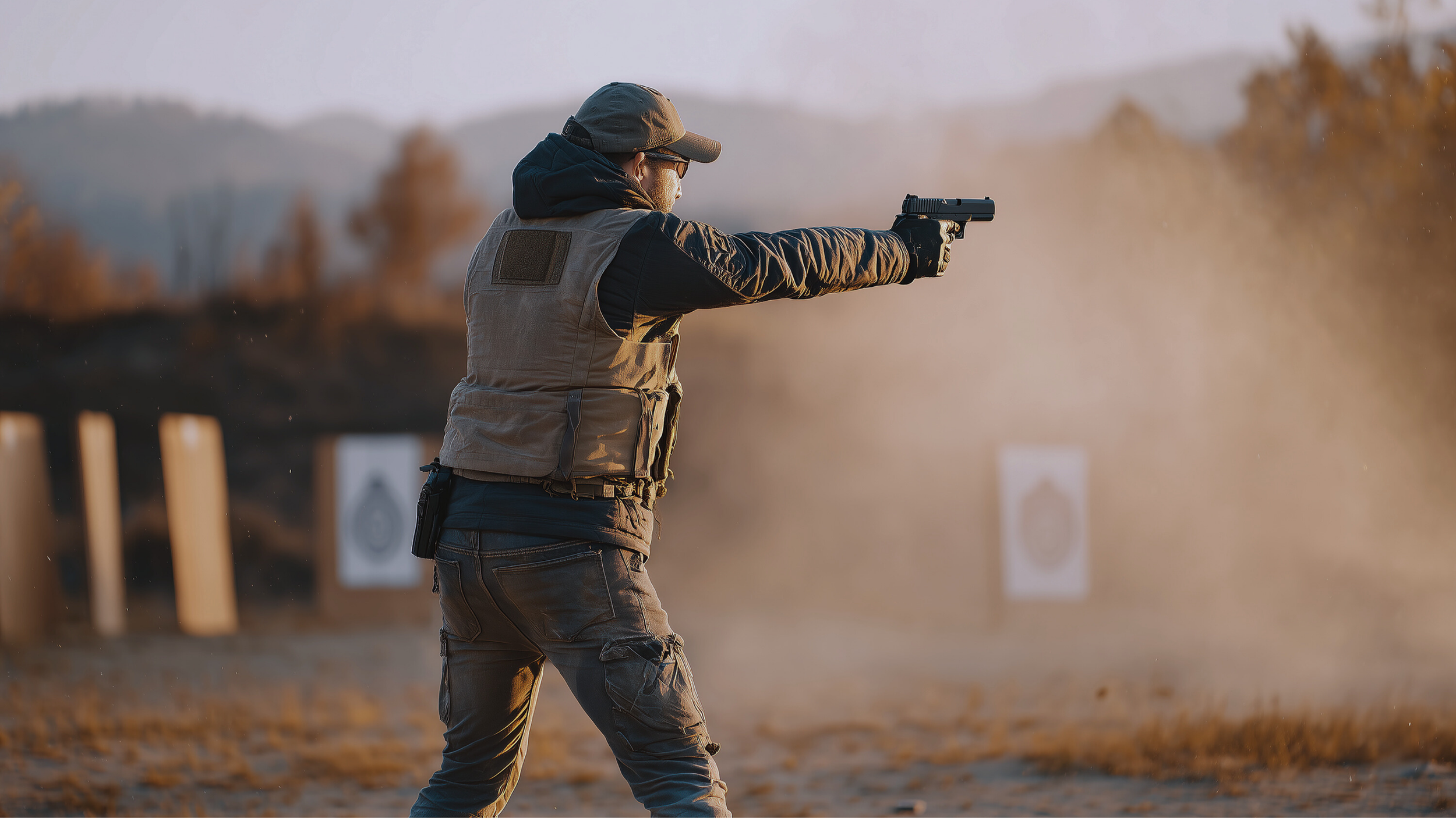 Man in tactical gear shooting a handgun at outdoor shooting range with targets and mountains in background