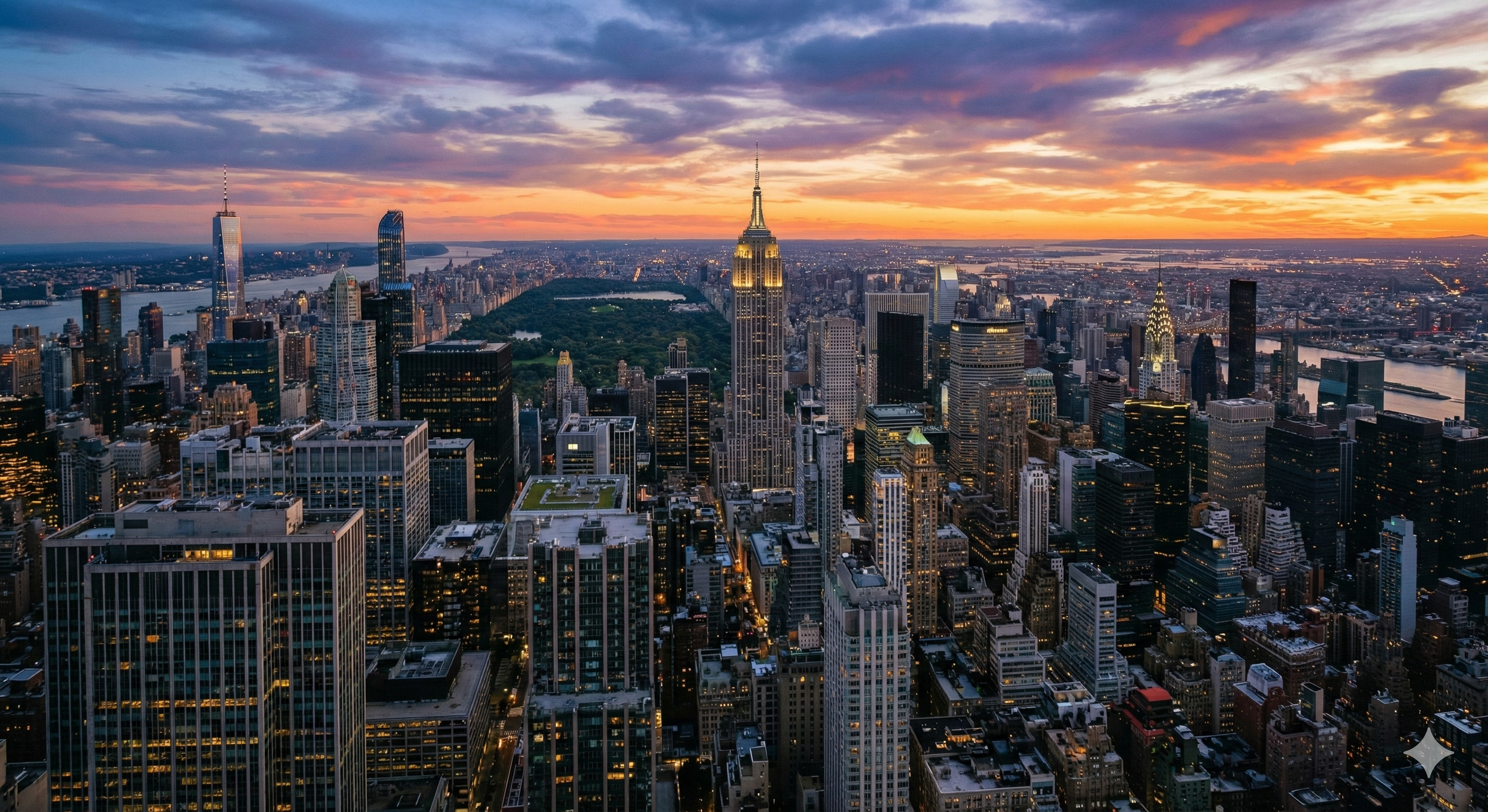 Skyline view of New York City at sunset with tall skyscrapers, Central Park in the background, and a colorful sky with clouds.