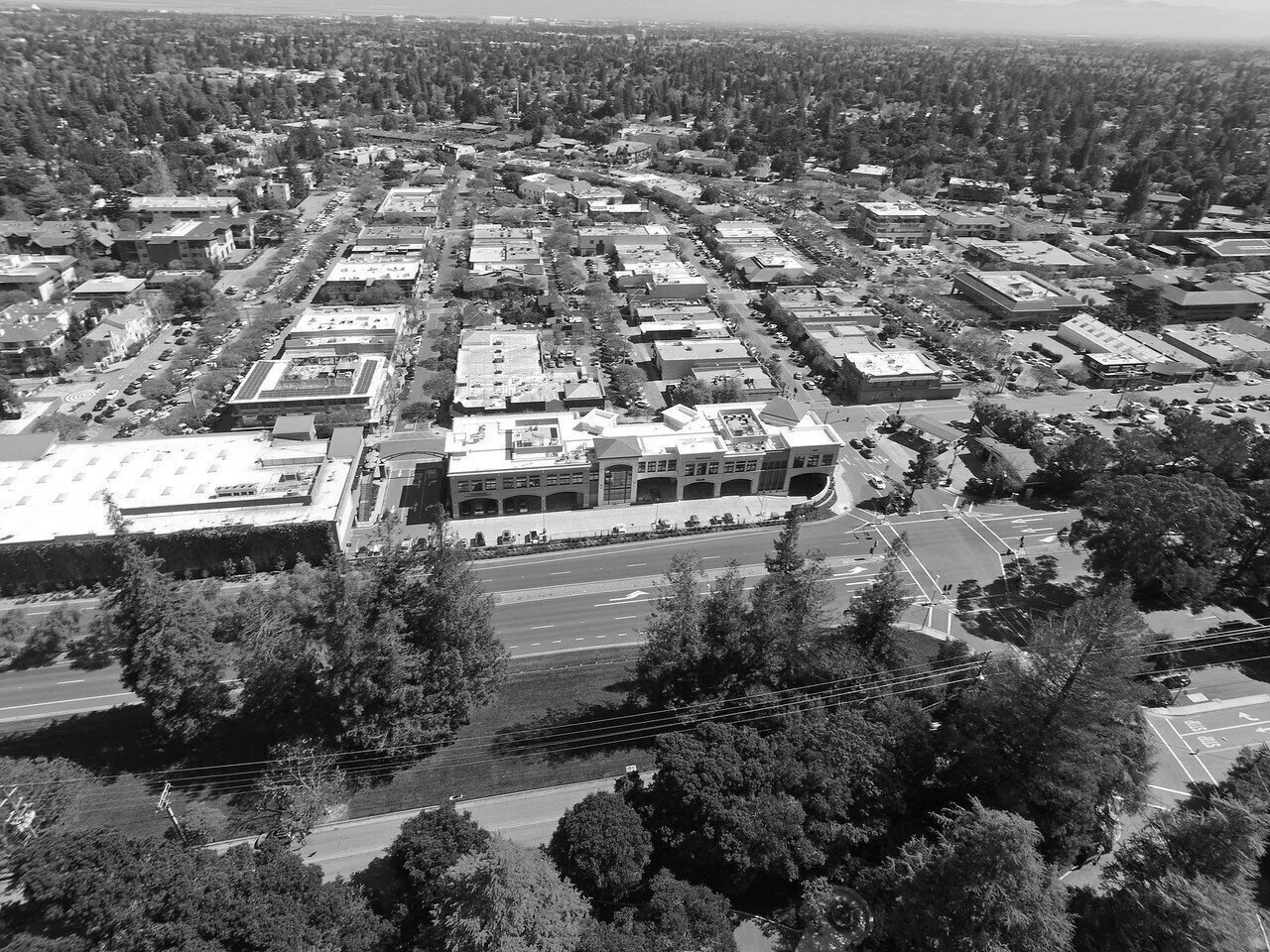 Aerial view of a cityscape with commercial and residential buildings, trees, and a main road in black and white.