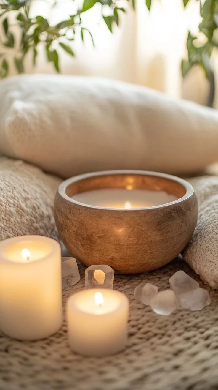 A cozy scene with a lit candle, a wooden bowl with a candle inside, and small white decorative stones on a textured surface, with a pillow and greenery in the background.