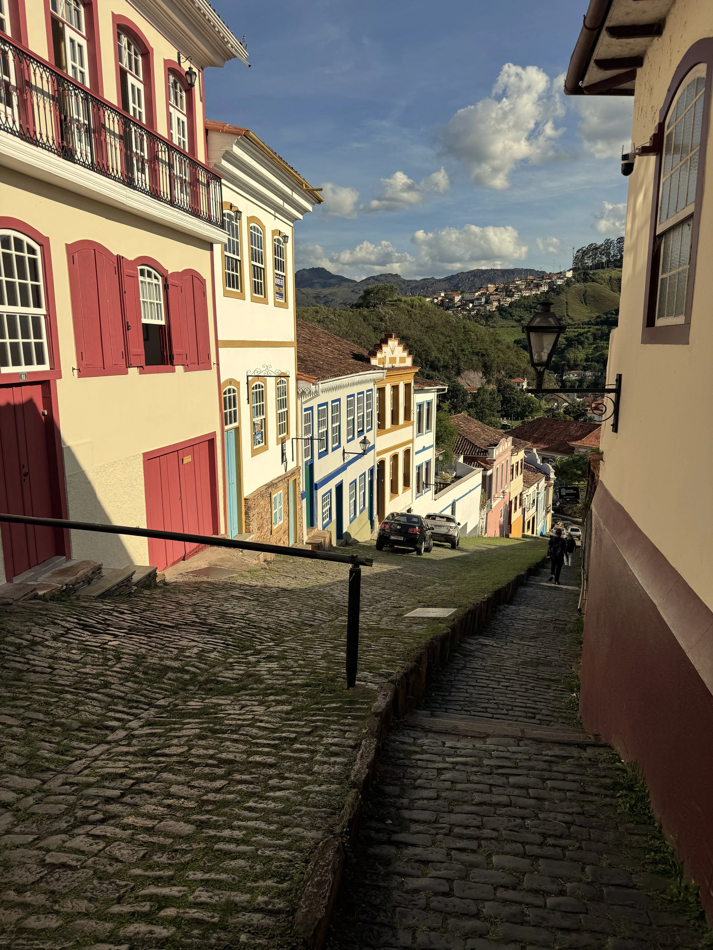 Cobbled streets and colonial façades in Ouro Preto, Minas Gerais.