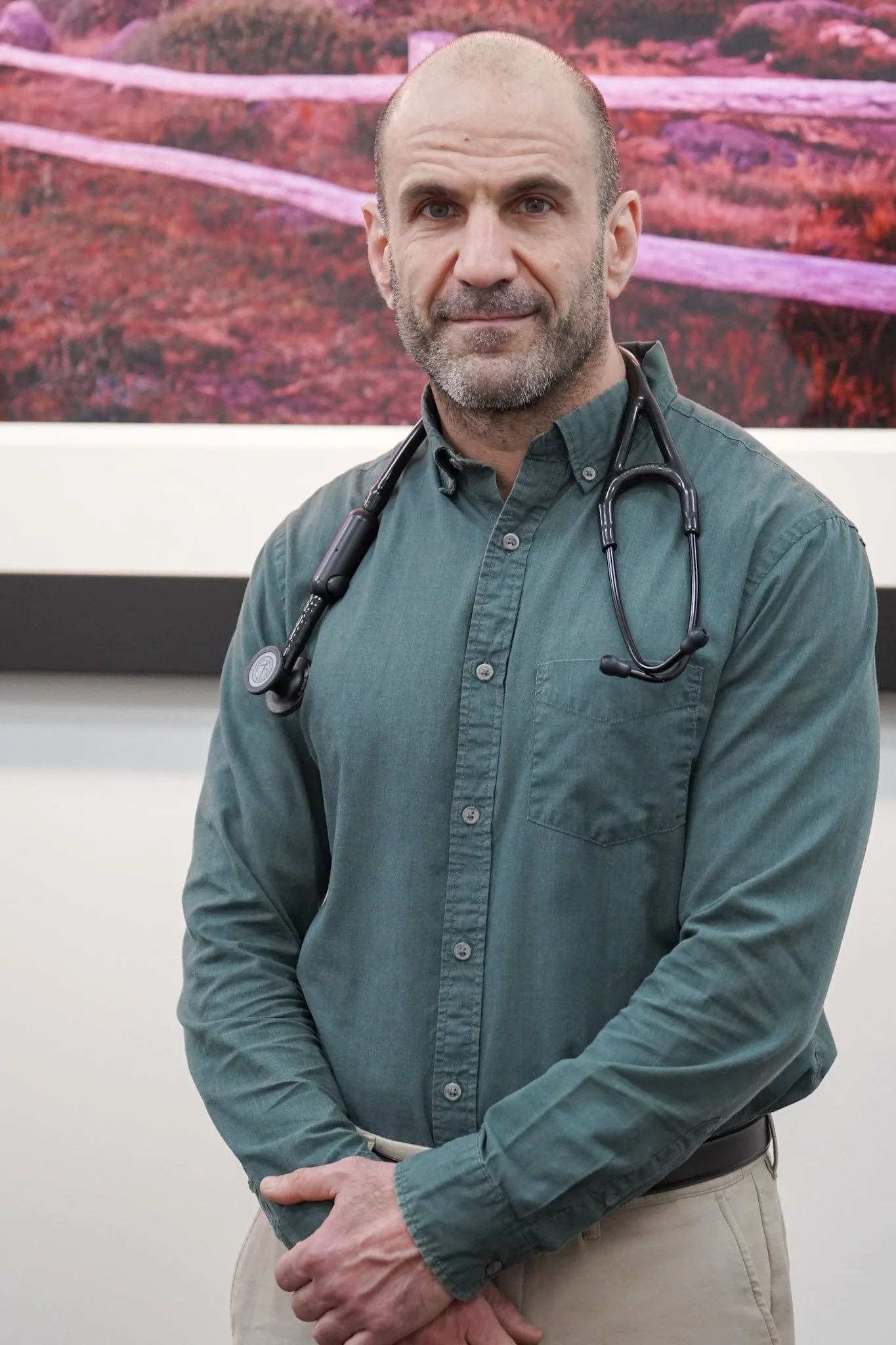 A middle-aged male doctor with a stethoscope around his neck, wearing a green button-up shirt and standing in front of a large colorful landscape photograph.