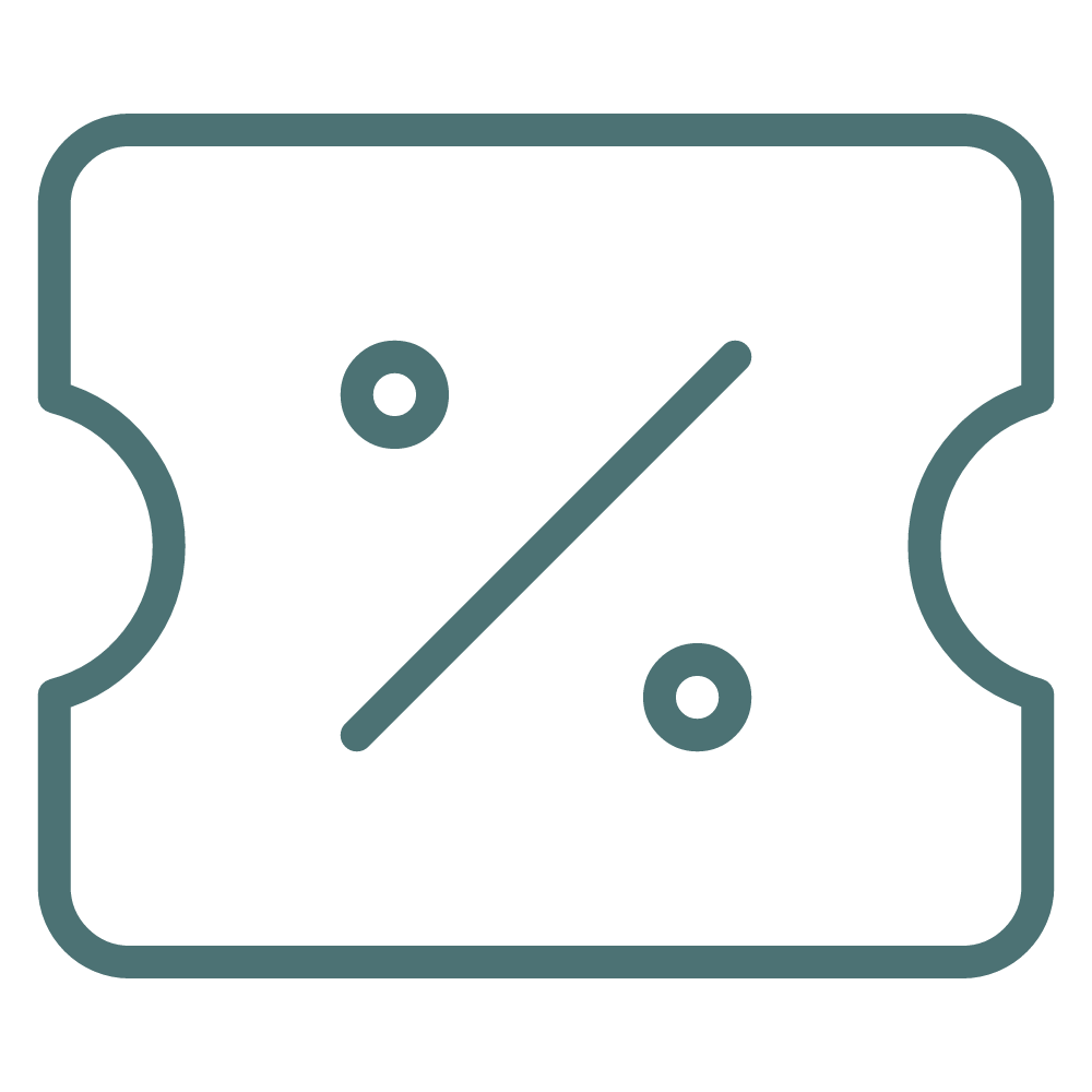 Illustration of a discount or sale coupon with a percentage symbol, a dotted line across the middle, and a rounded rectangular shape.