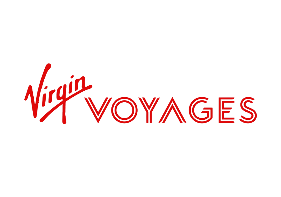 Logo for Virgin Voyages with the words 'Virgin Voyages' in red, stylized text on a black background.