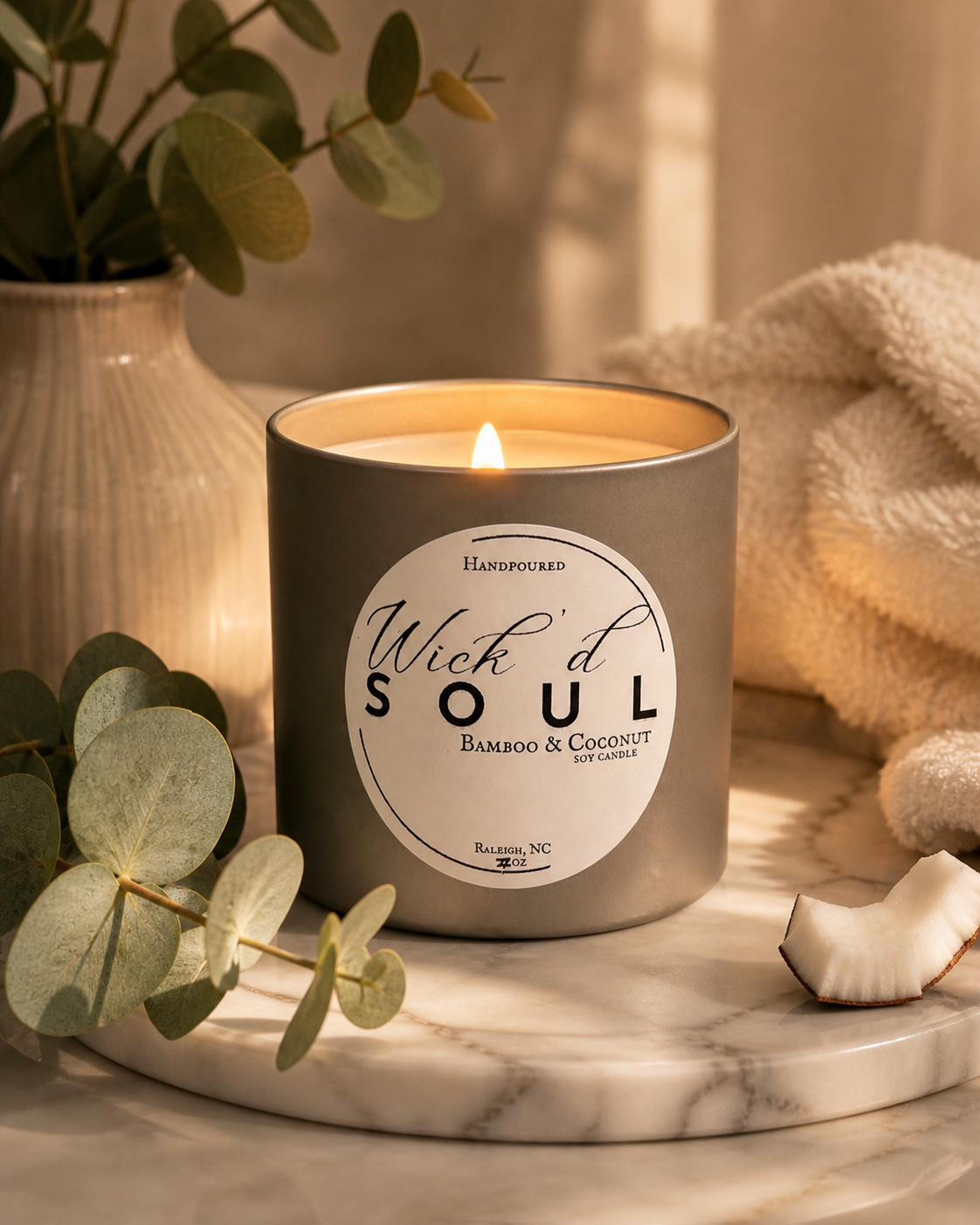 A lit candle labeled 'Wick'd Soul Bamboo & Coconut' on a marble surface, surrounded by eucalyptus leaves, a cream-colored vase, a folded towel, and a piece of coconut.