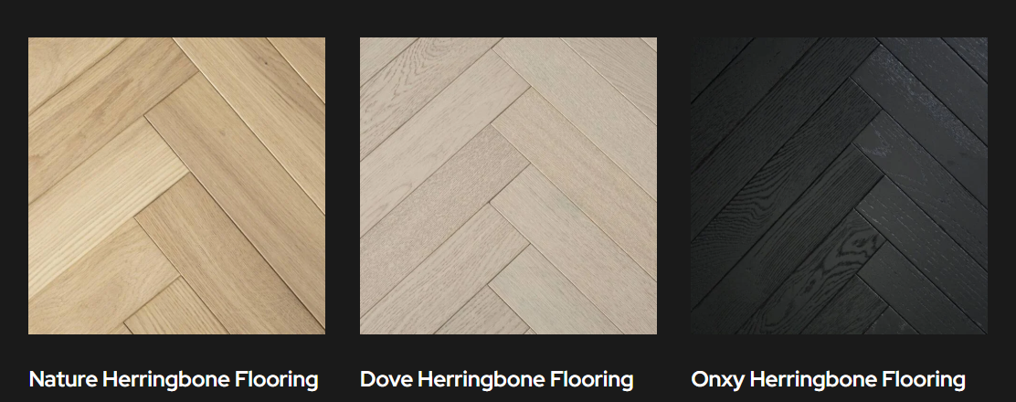 Nature, Dove, and Onyx herringbone flooring finishes