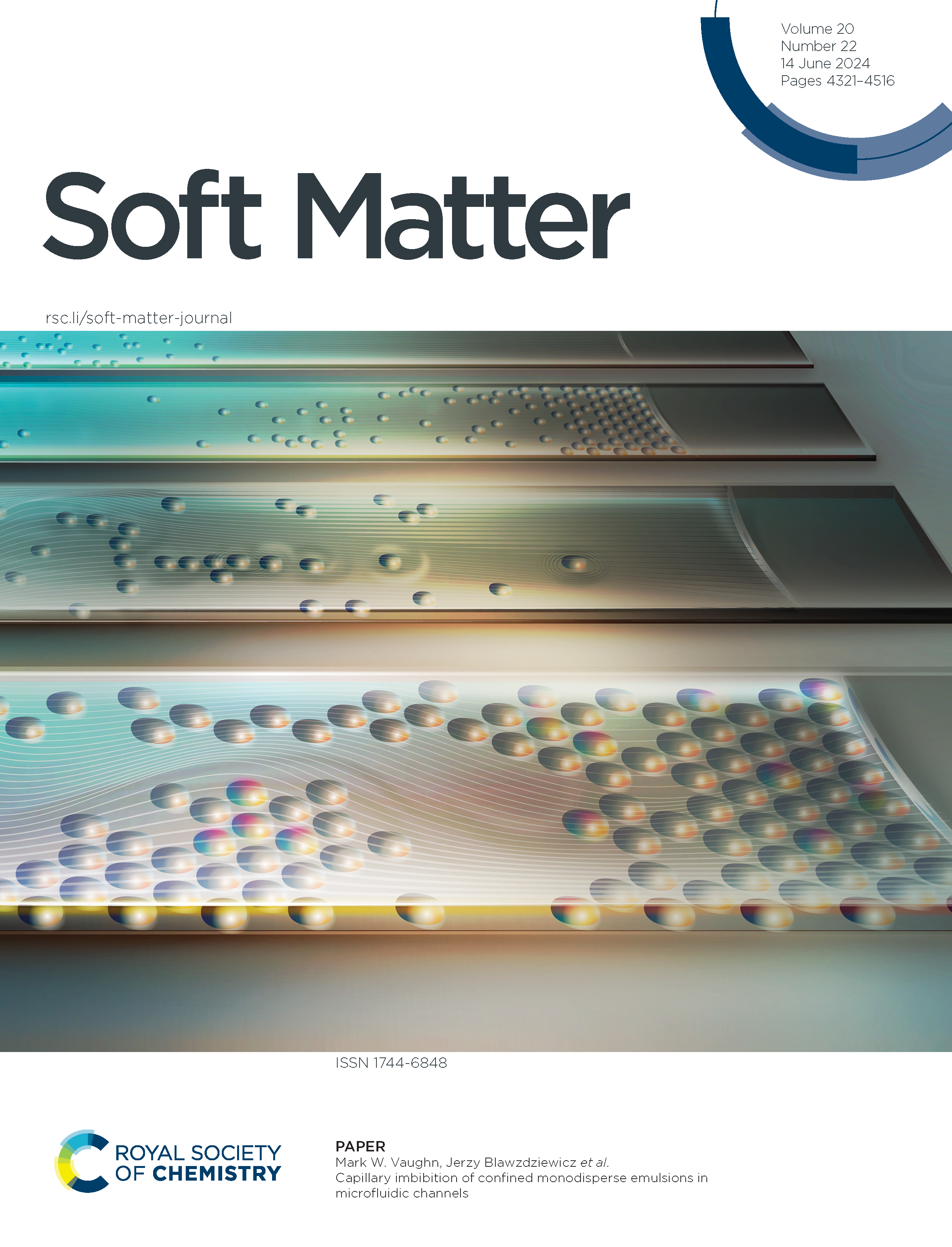 Cover of a scientific journal titled "Soft Matter." The cover features an abstract, colorful digital illustration of microfluidic channels with spherical particles. The journal is published by the Royal Society of Chemistry, volume 20, issue 22, date
