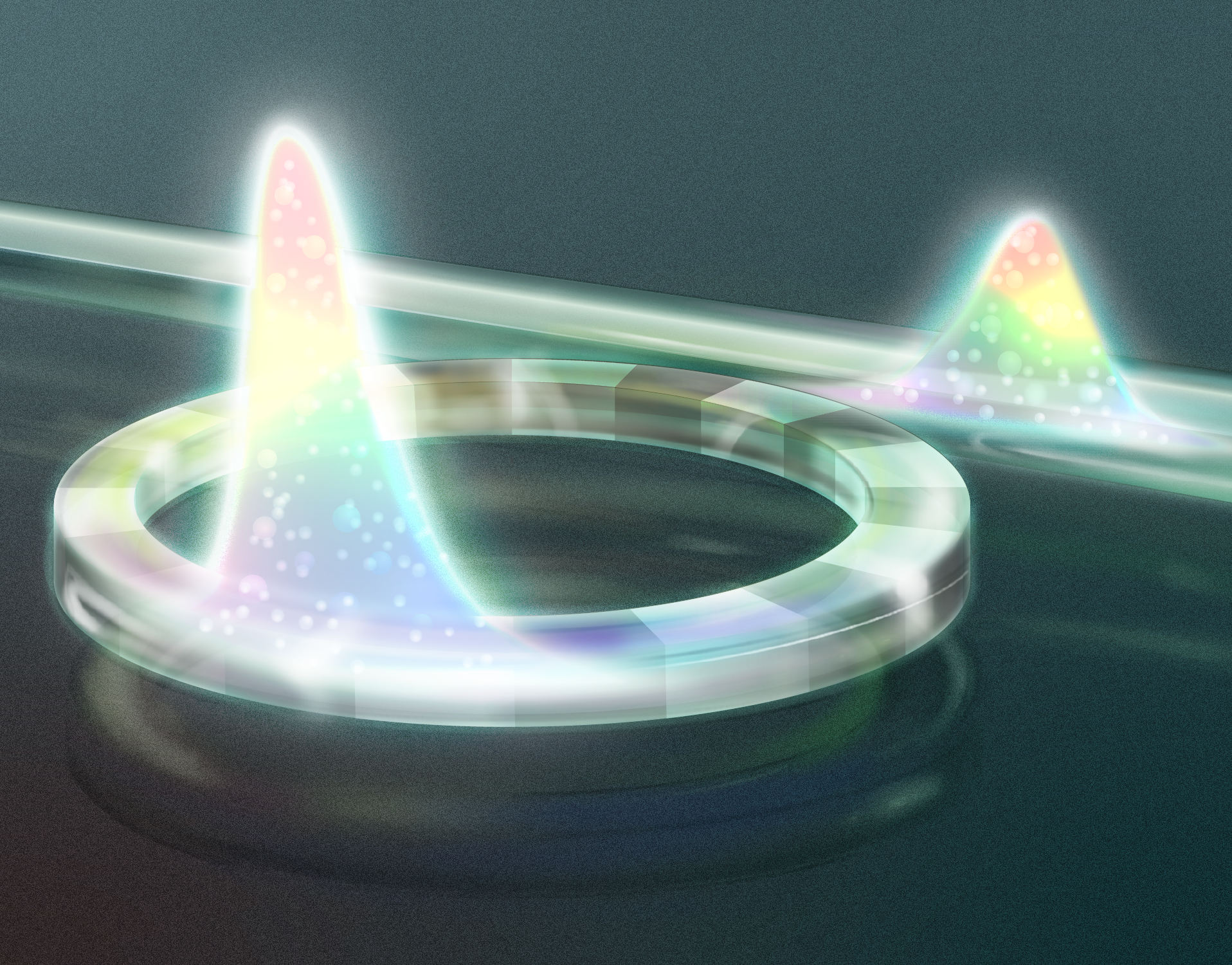 Digital abstract artwork with glowing, multicolored peaks emerging from a circular platform with concentric rings, set against a dark background.