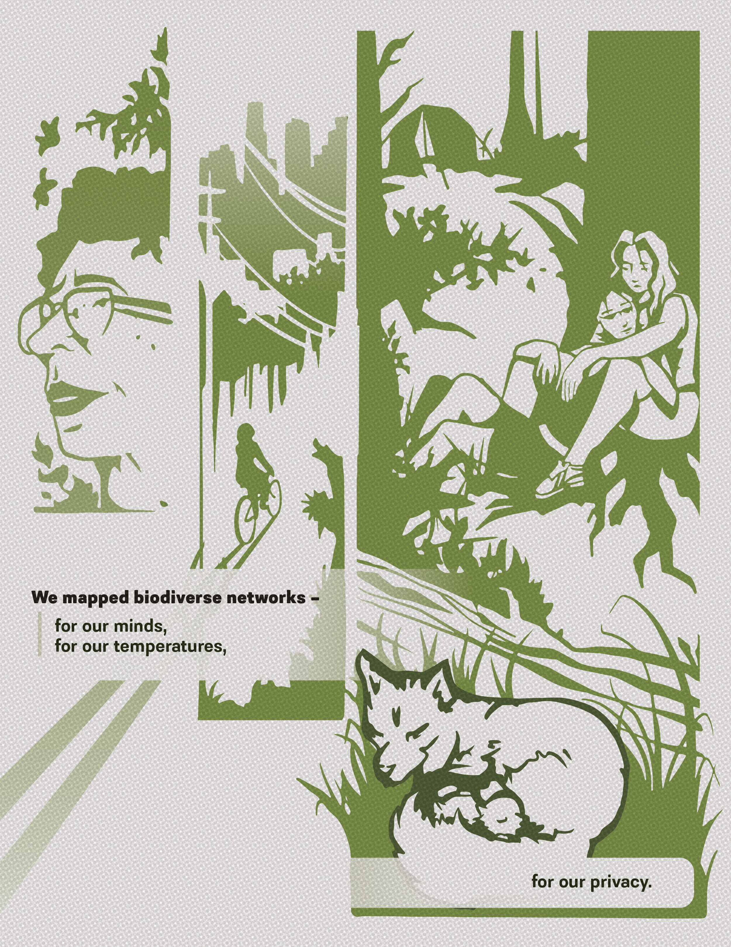 A stylized green and white illustration of a person with a bicycle, a cityscape skyline, and a nature scene with trees and plants, accompanied by text about mapping biodiverse networks for environmental awareness and privacy.