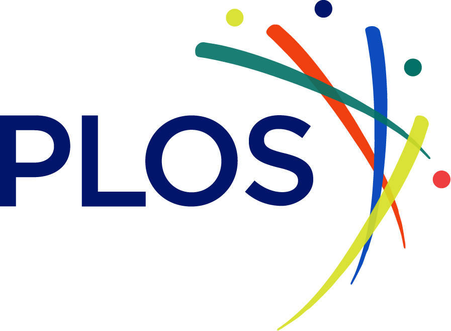 The logo features the word 'PLOS' in bold, dark blue letters with colorful curved lines and dots around it.