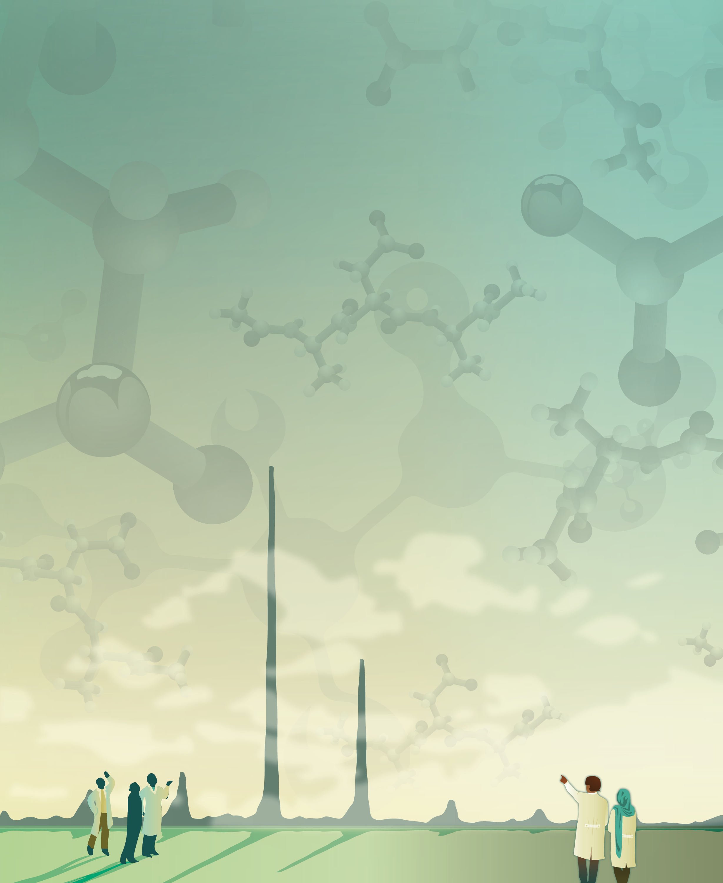 A group of scientists in lab coats observing a large molecular structure depicted in the background of the image.