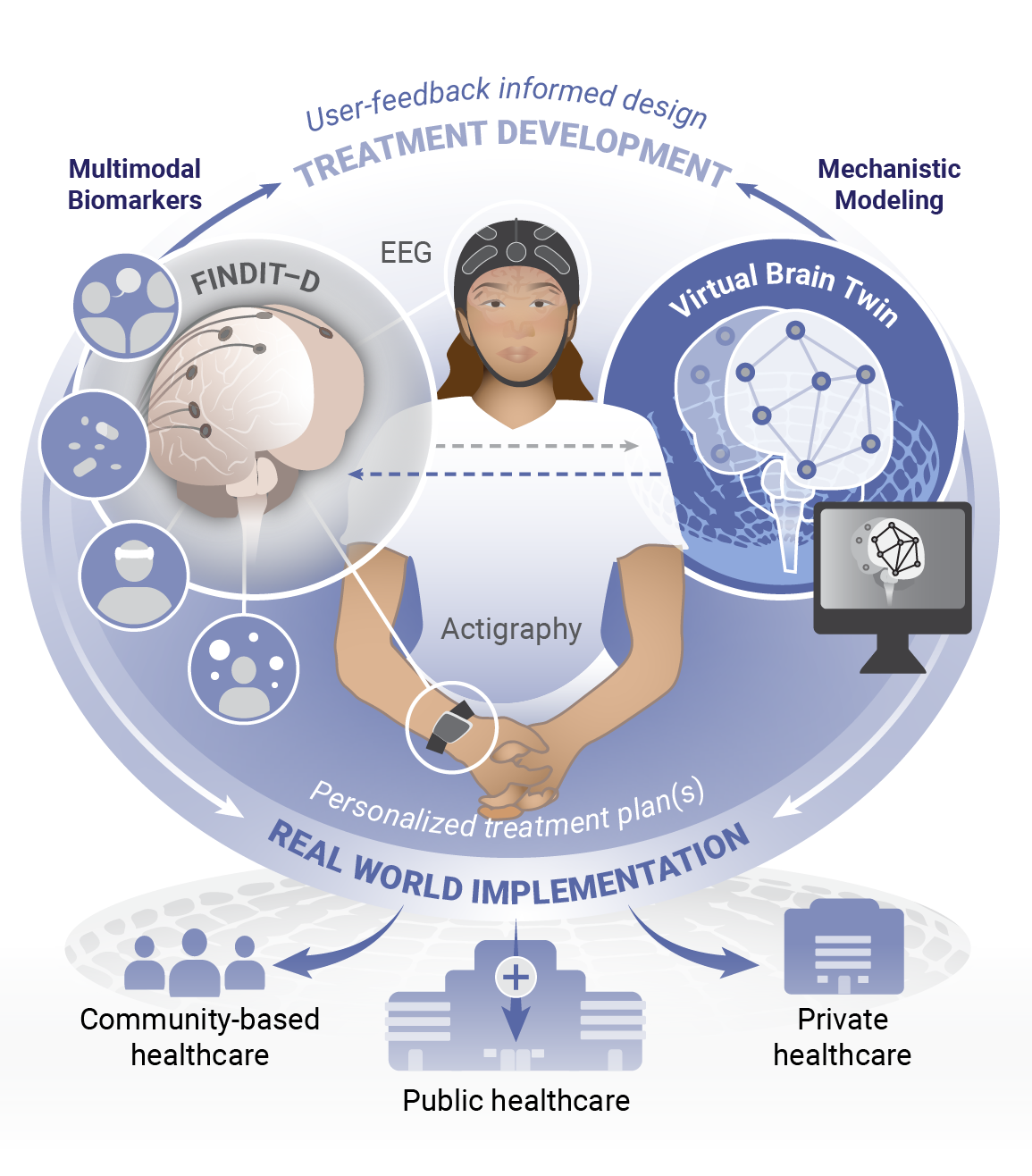 Diagram illustrating personalized treatment development using virtual brain twin and FINDIT-D system, integrating community, public, and private healthcare for real-world implementation.