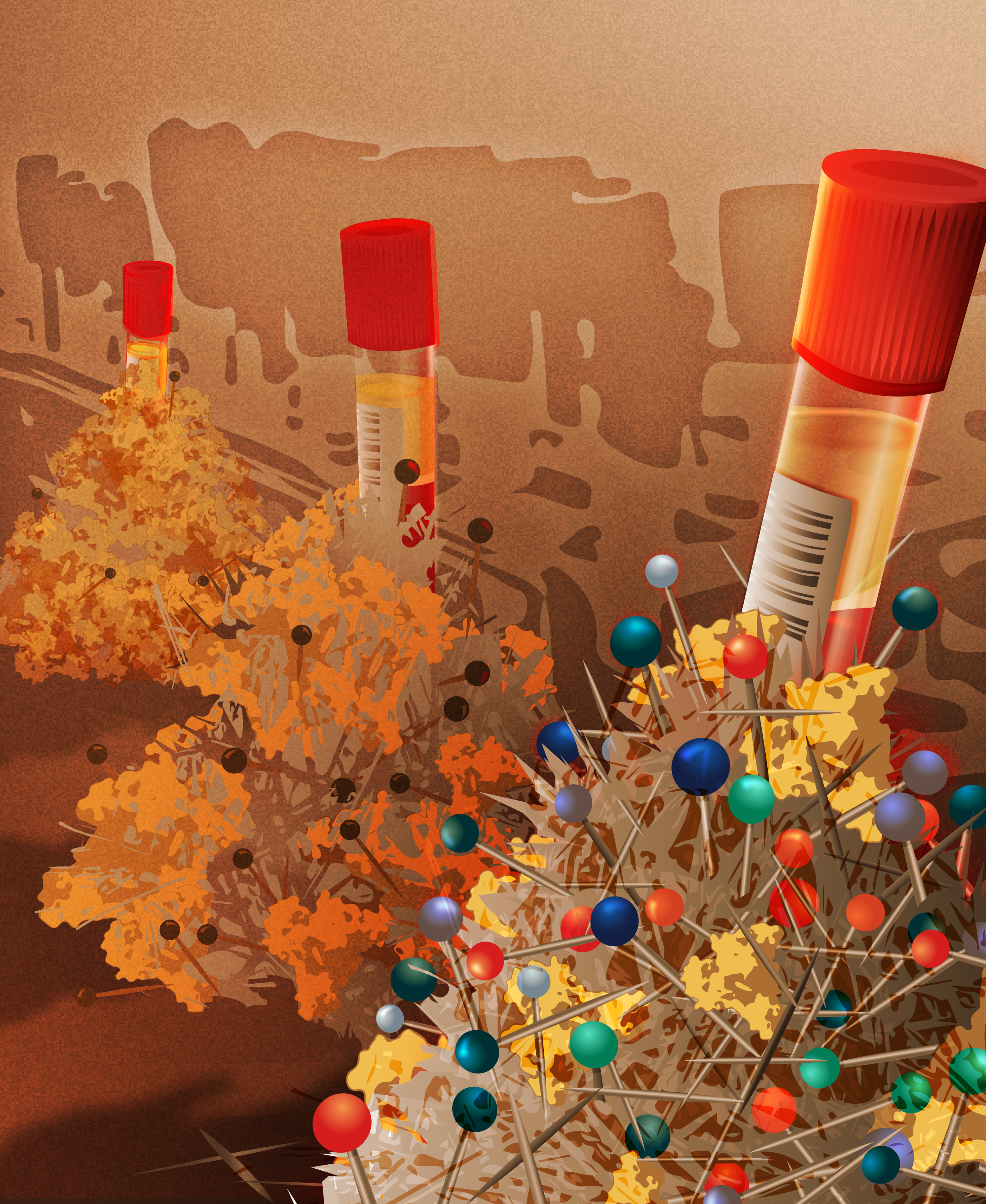 Close-up illustration of a laboratory scene showing two large prescription pill bottles, some scattered pills, and a few scattered pins and colored spheres representing molecules or atoms, all in a warm-toned background.