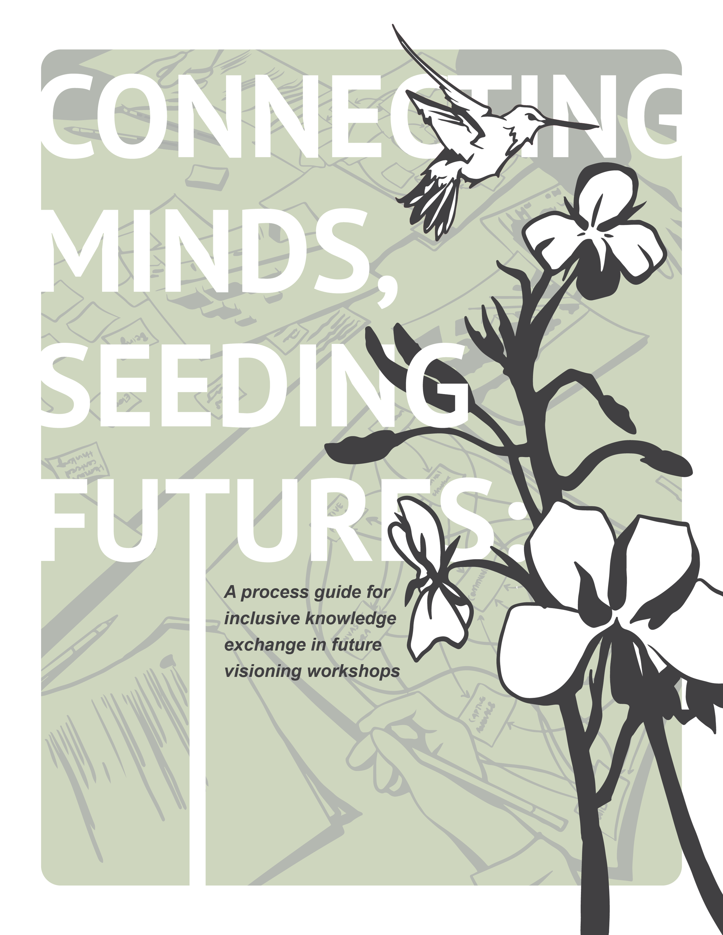 A book cover with a light green background featuring a map illustration and a black-and-white drawing of a hummingbird and a flower. The title includes large white text that reads 'Connecting Minds, Seding Future E'. The subheading states, 'A process