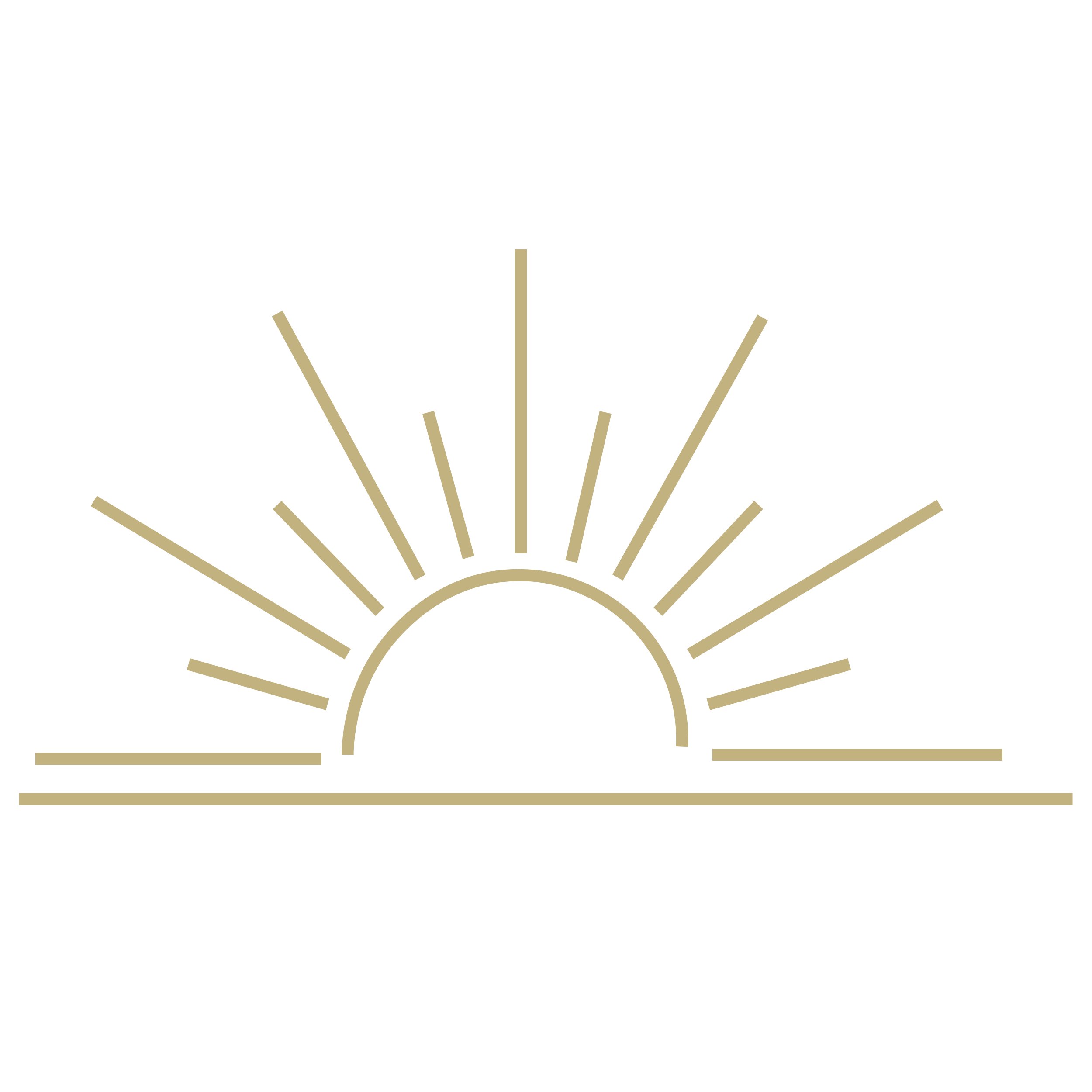 Stylized gold outline of a sun with rays rising over the horizon, set against a black background.