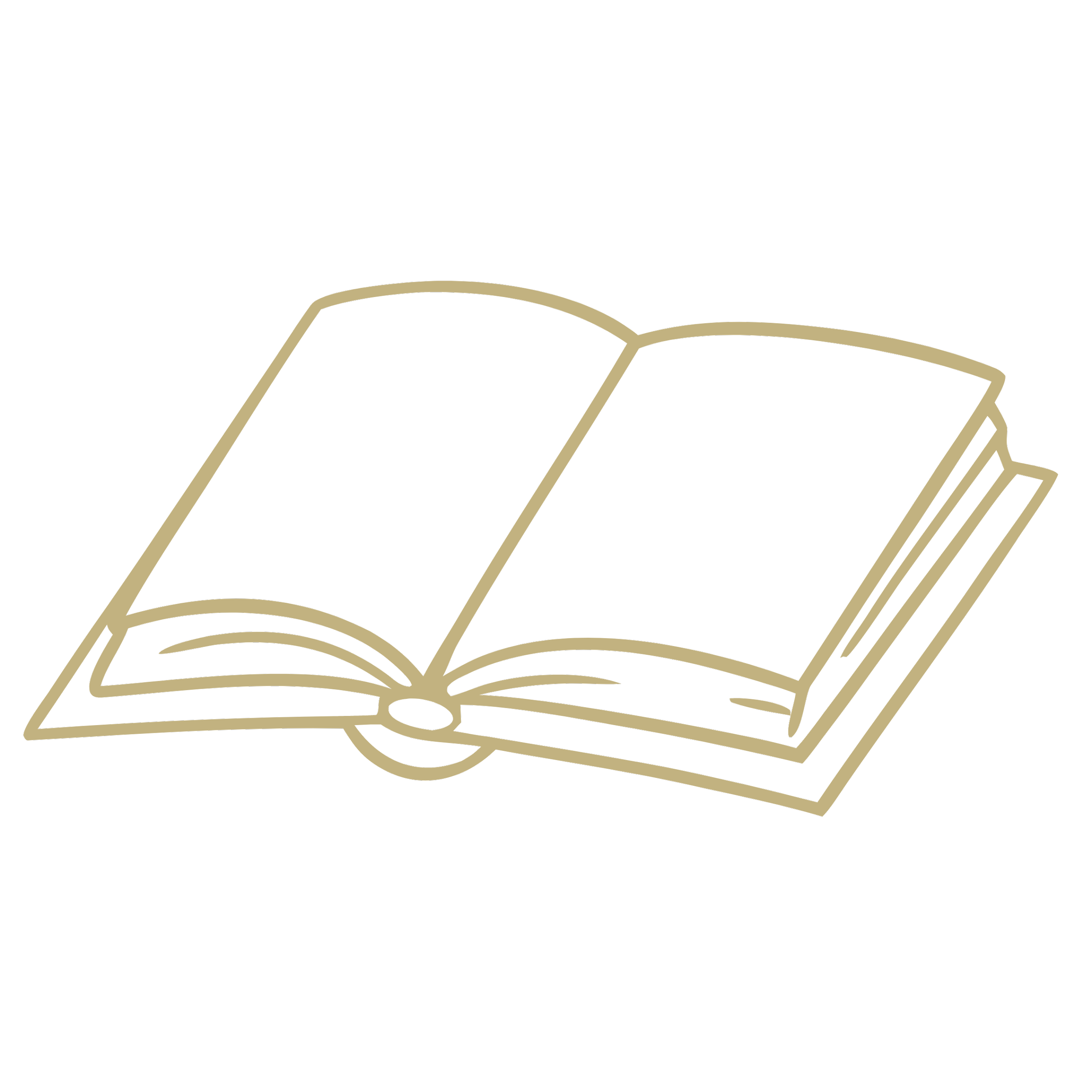 Line drawing of an open book with blank pages, gold outline on black background.