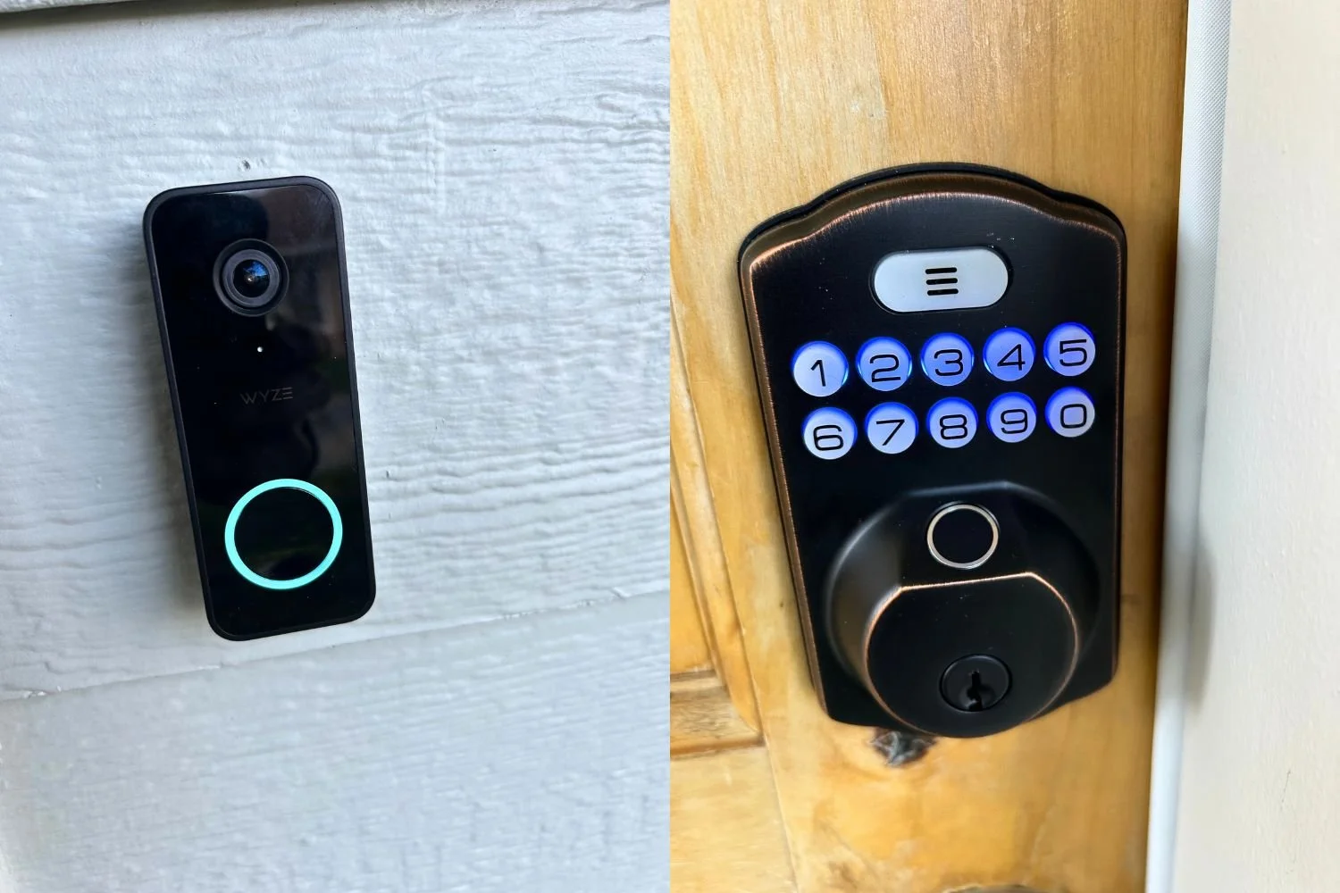 Digital doorbell on white wall and keypad lock on wooden door.