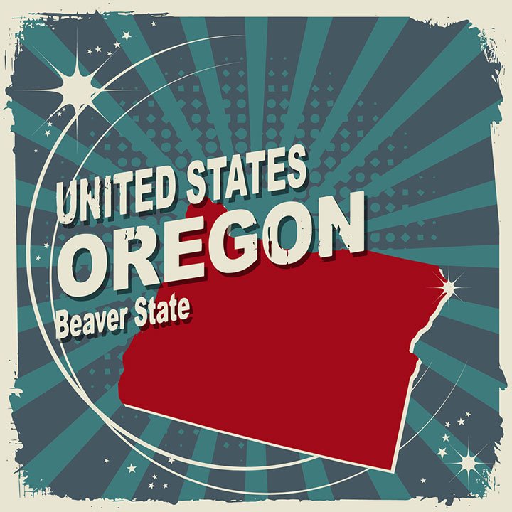 Stylized map of Oregon with a red fill, over a retro background with radiating lines and stars, featuring bold text: "United States Oregon Beaver State."