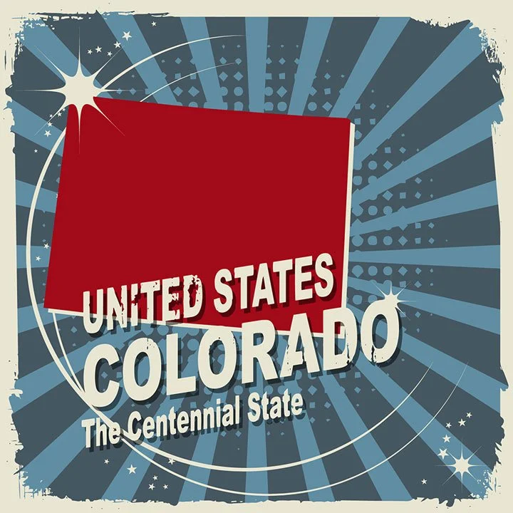 Graphic design featuring an American flag-inspired background with starburst effects, and text that reads 'United States Colorado The Centennial State.'