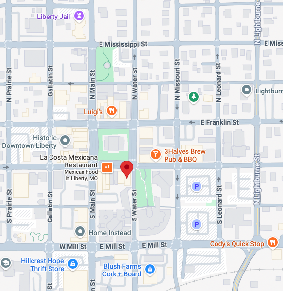 Map view of Liberty Square showing the location of Liberty & Light Counseling at 17 E. Kansas Street