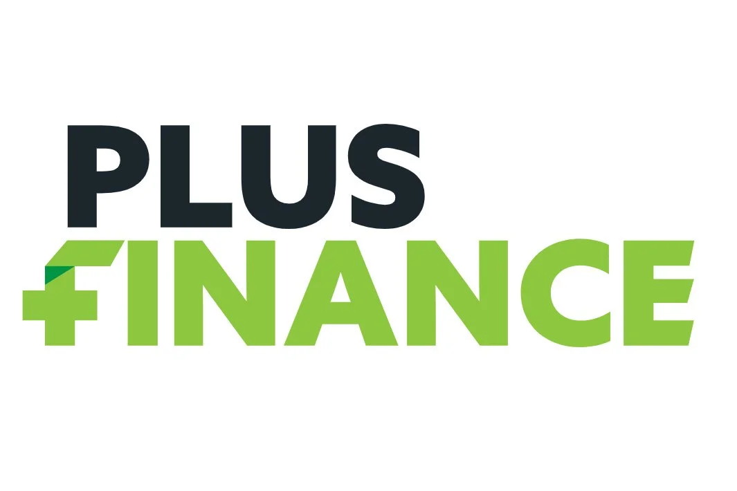 Logo with the words 'PLUS' in black and 'FINANCE' in green, with a green plus sign to the left of 'FINANCE'.