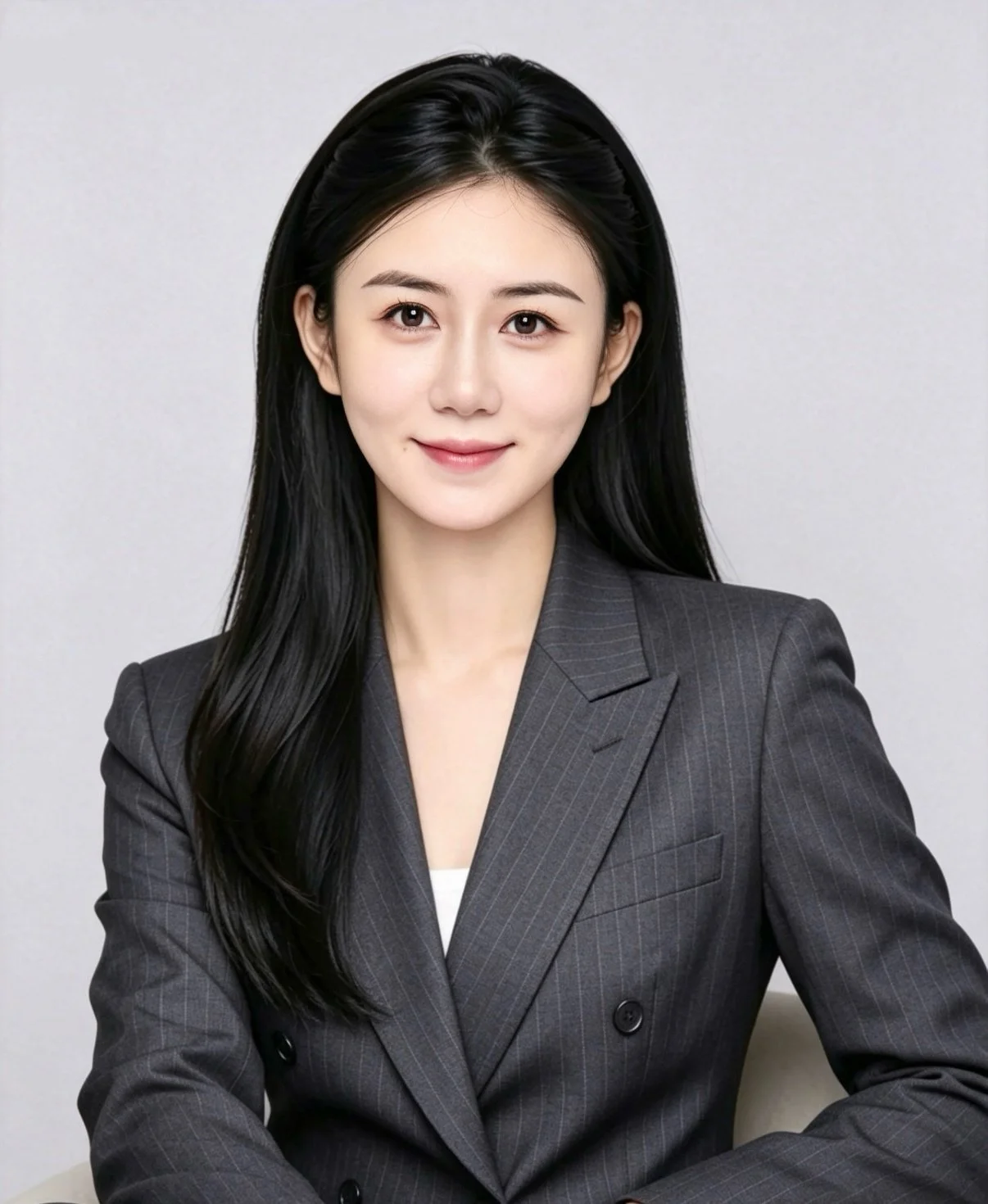 Professional woman with long black hair, wearing a dark gray pinstripe blazer, smiling, against a plain light gray background.
