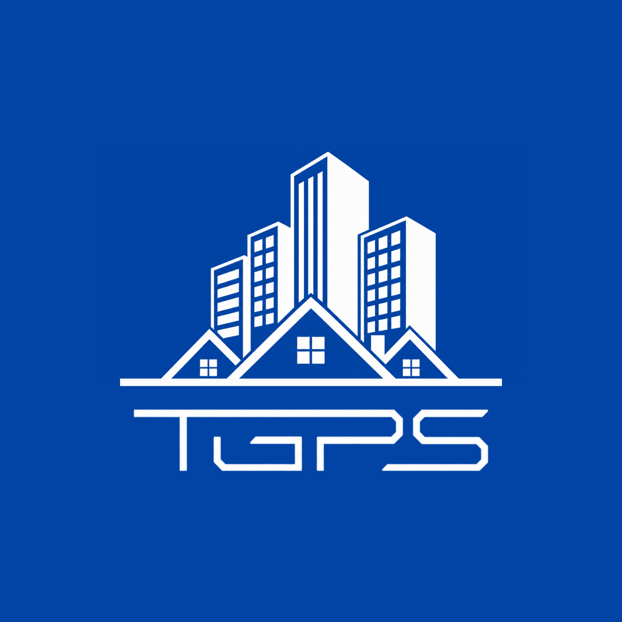 A logo with a stylized cityscape in white lines on a blue background, with the company name TGPS below it.