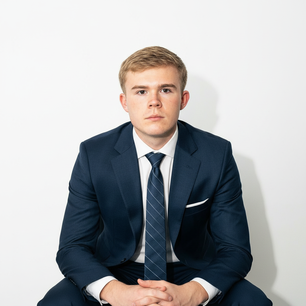 A young man in a navy blue suit, white shirt, and striped tie, sitting against a white background, looking serious.