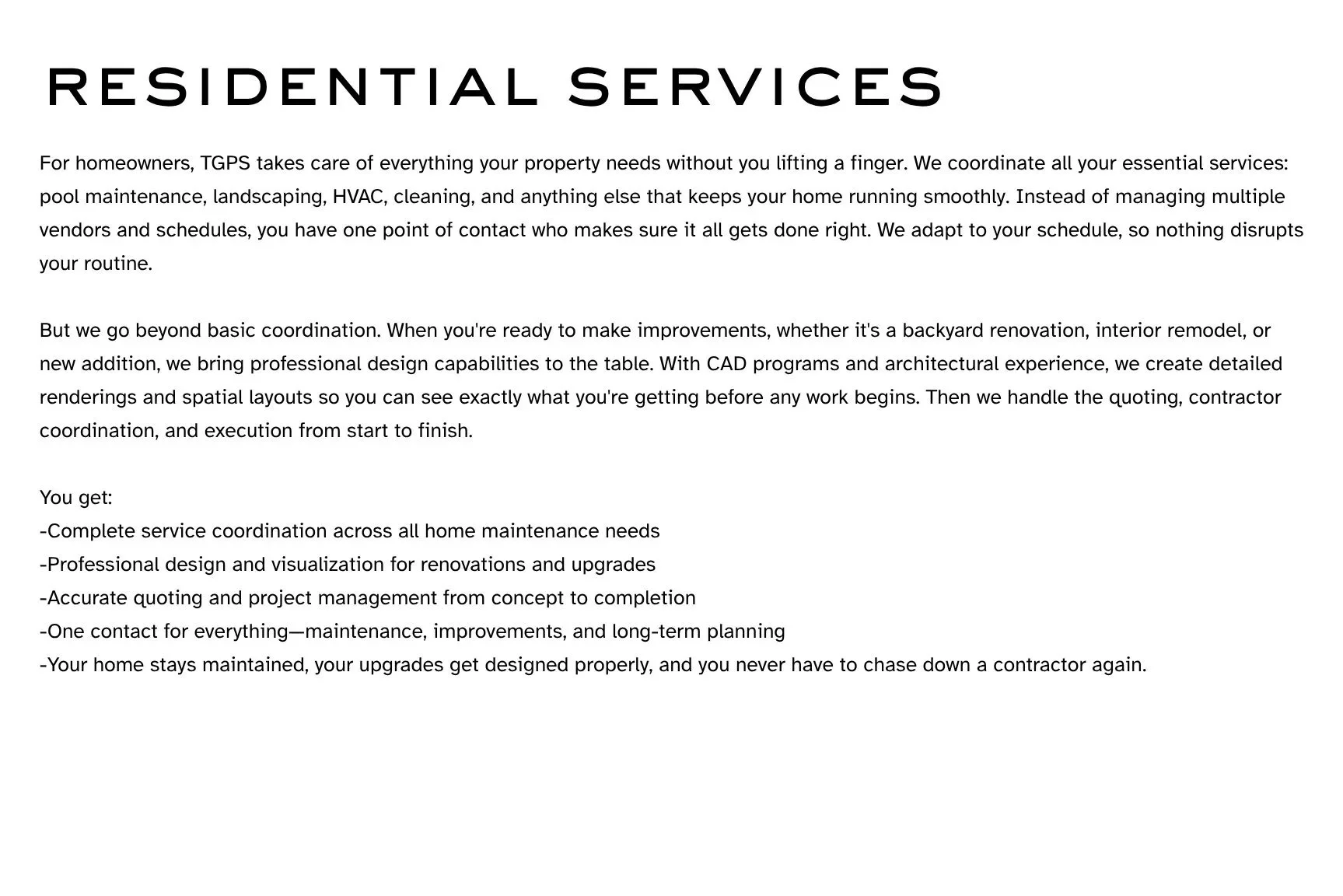 Text-based advertisement for residential services by TGPS, detailing comprehensive property maintenance, renovation, design, and project management offerings for homeowners.