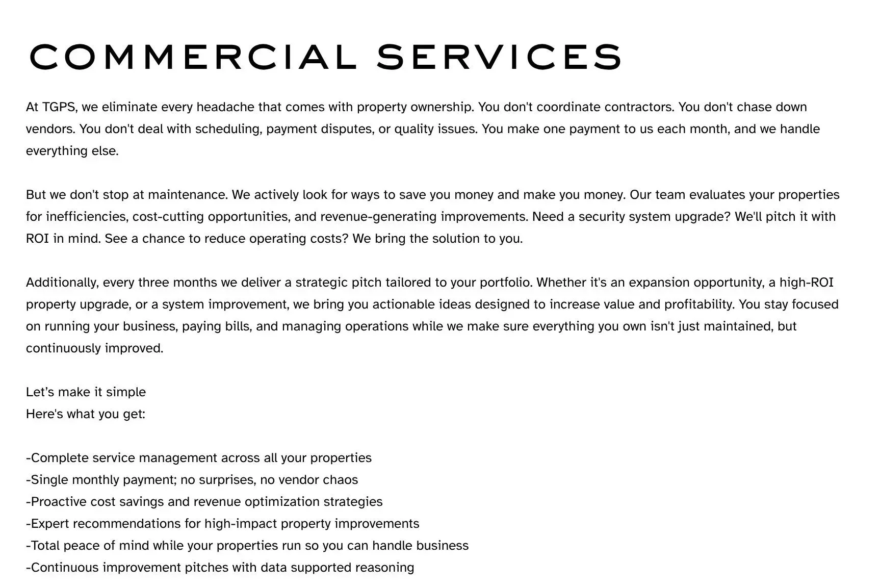 A webpage with black text about commercial services for property management, emphasizing cost savings, efficiency, and strategic improvements.